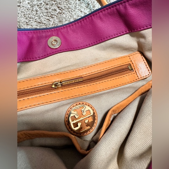 Tory Burch Women's Fuchsia Navy Canvas Jaden Large Tote Bag - Picture 4 of 7